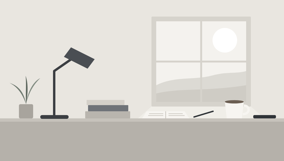 A quiet desk by a window in morning light: a lamp, a stack of books, an open notebook and a cup of coffee