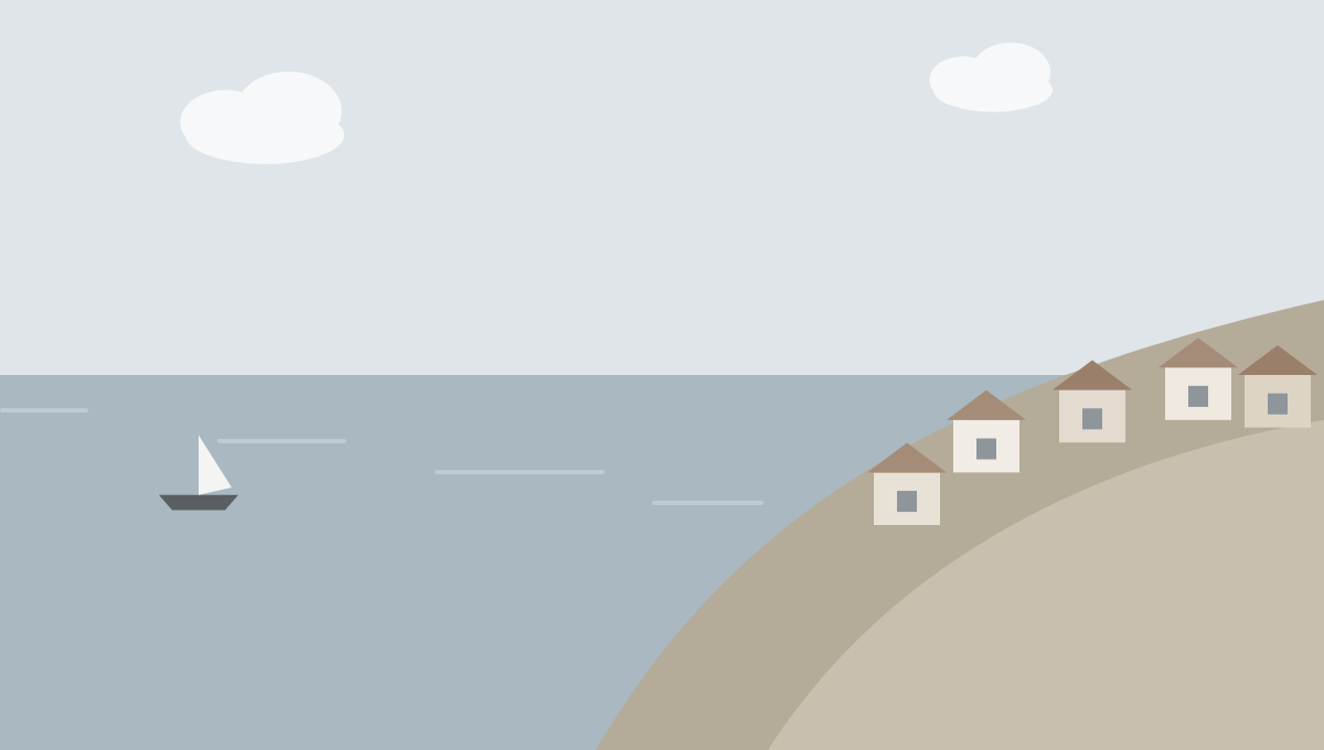 A coastal town with white houses on a hill above a calm bay and a sailing boat