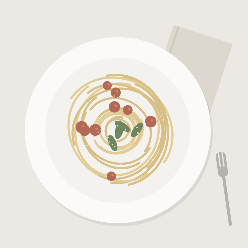Rigatoni in slow tomato sauce with basil, seen from above