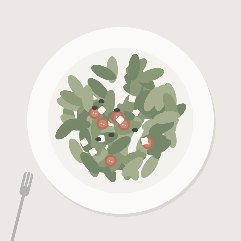 Tomato and herb salad with feta and olives, seen from above