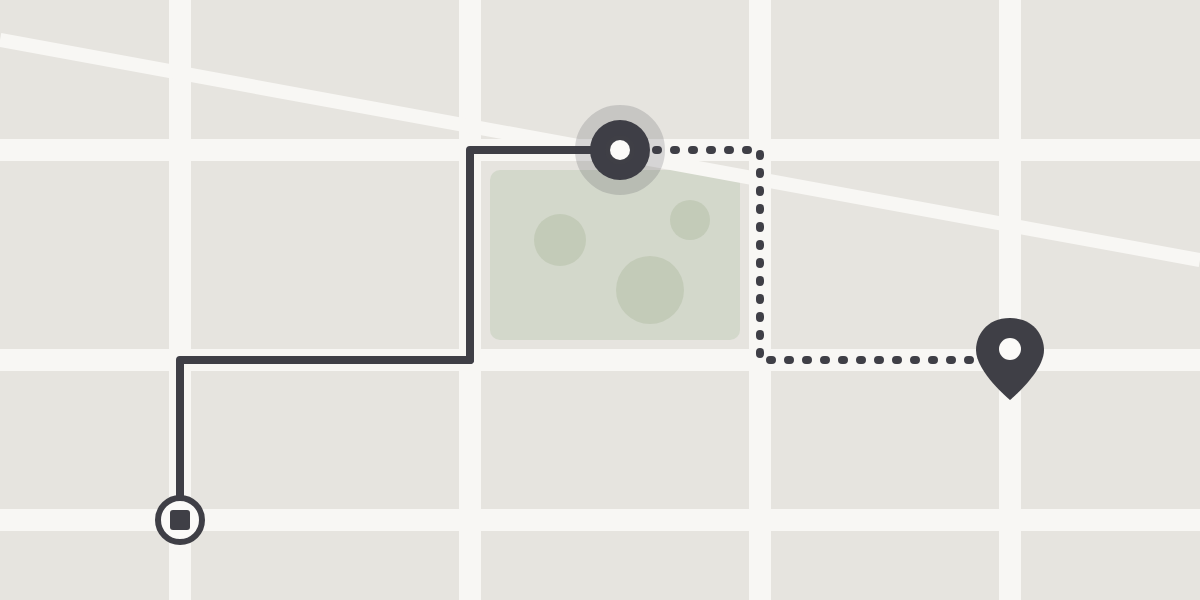 Street map with the route from our kitchen to your address; the courier is halfway