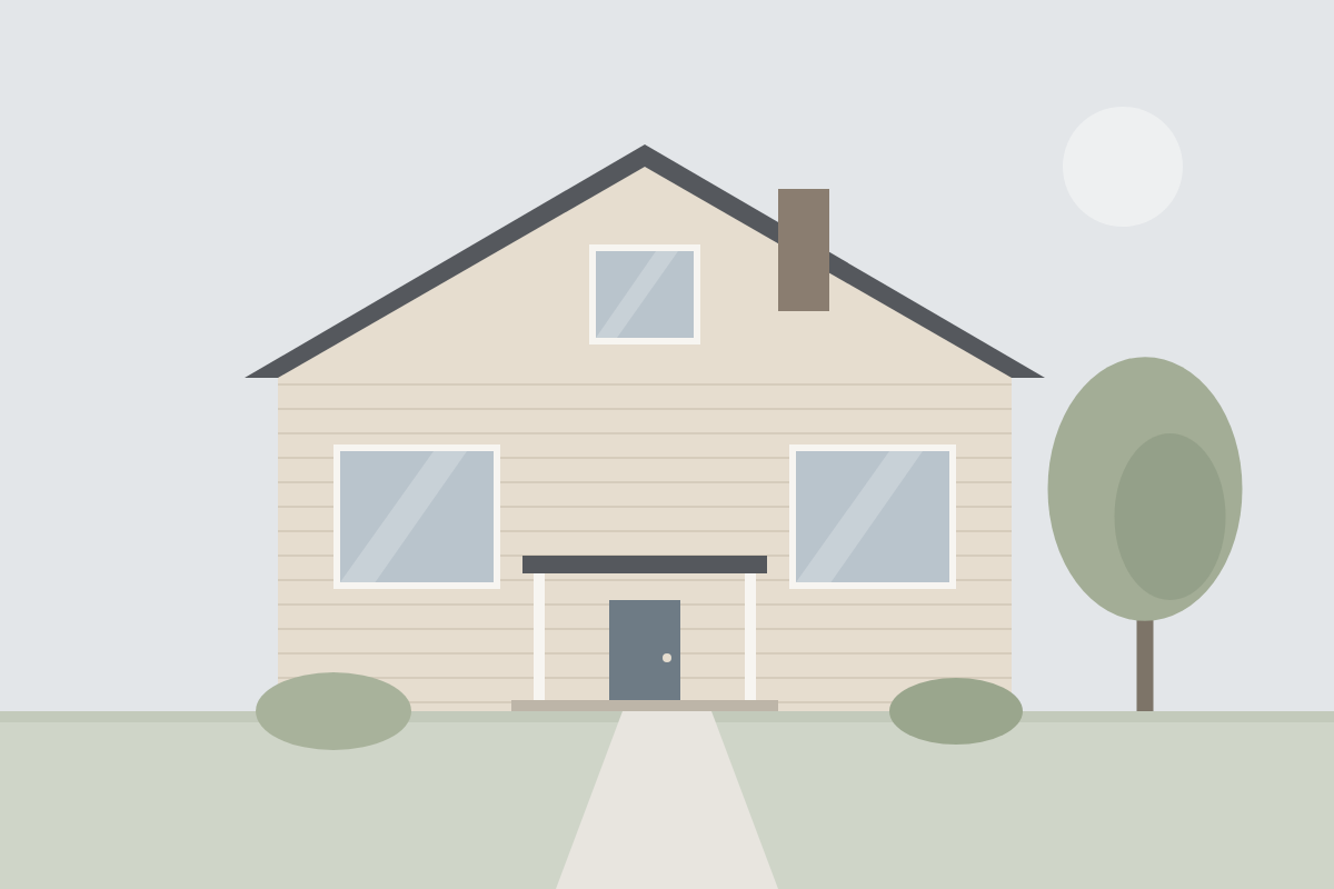 Gable-roof family house with a covered porch and white window frames
