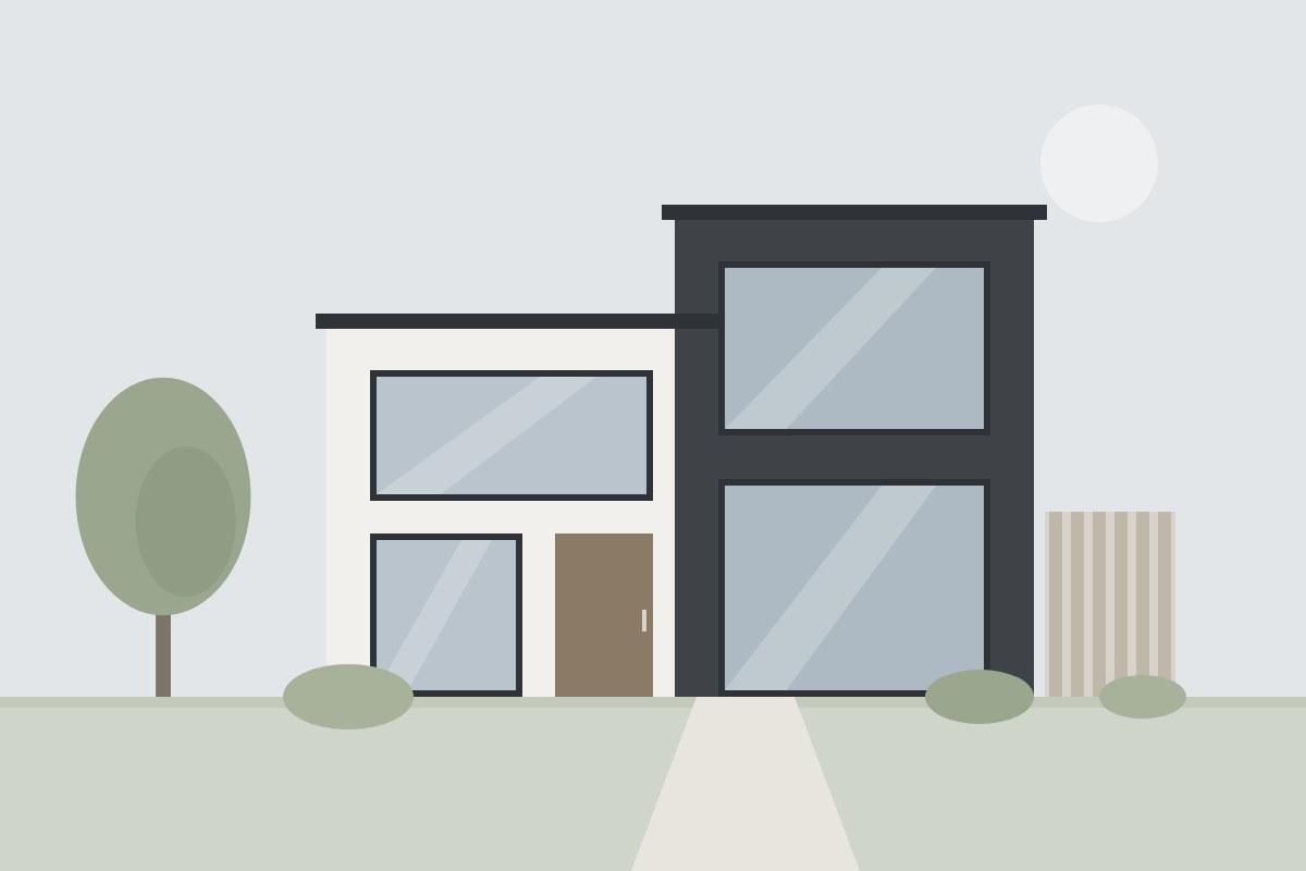 Two-storey modern house with a flat roof, large windows and a timber gate