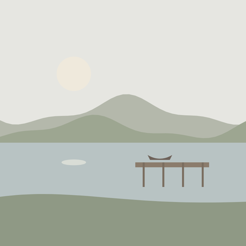 A calm lake with a wooden jetty and a rowing boat