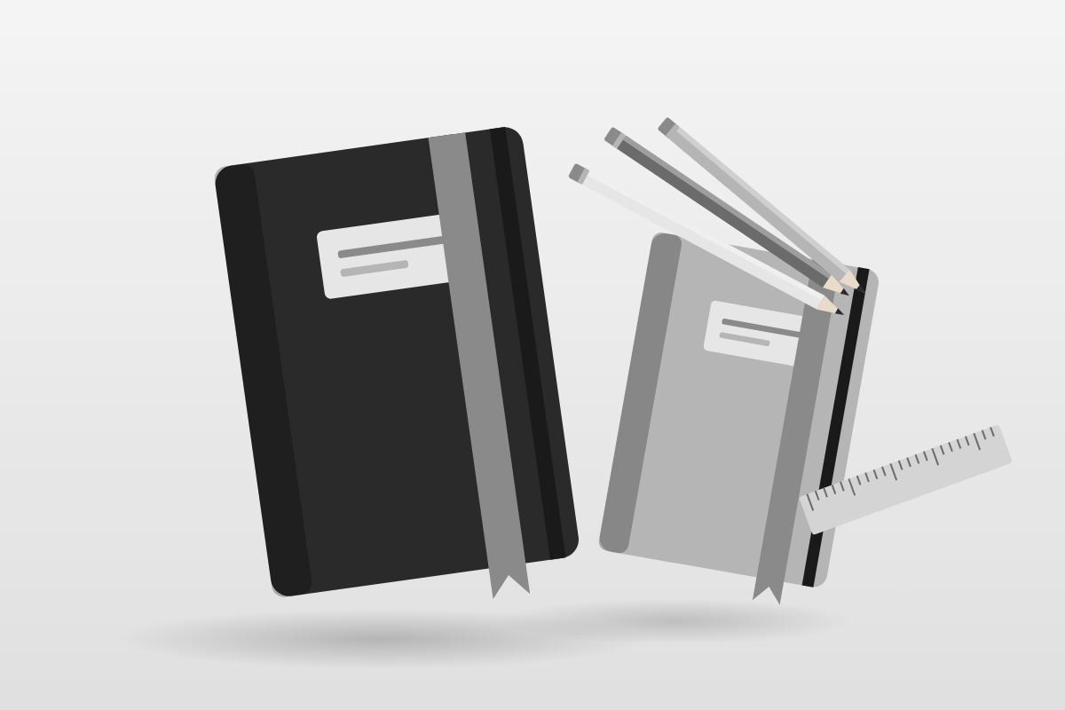 Two notebooks, three pencils and a ruler on a desk